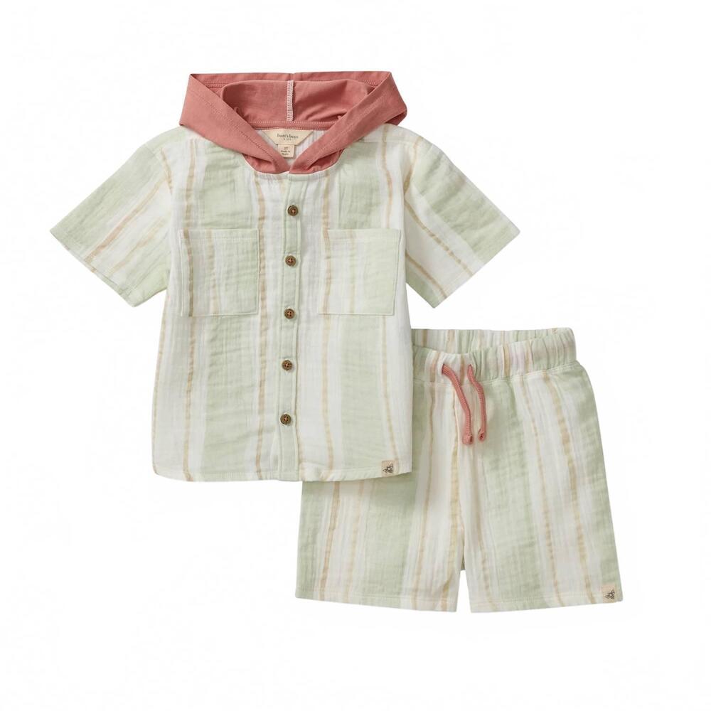 NEW BURT'S BEES boy's pacific stripe hooded shirt & shorts set in green